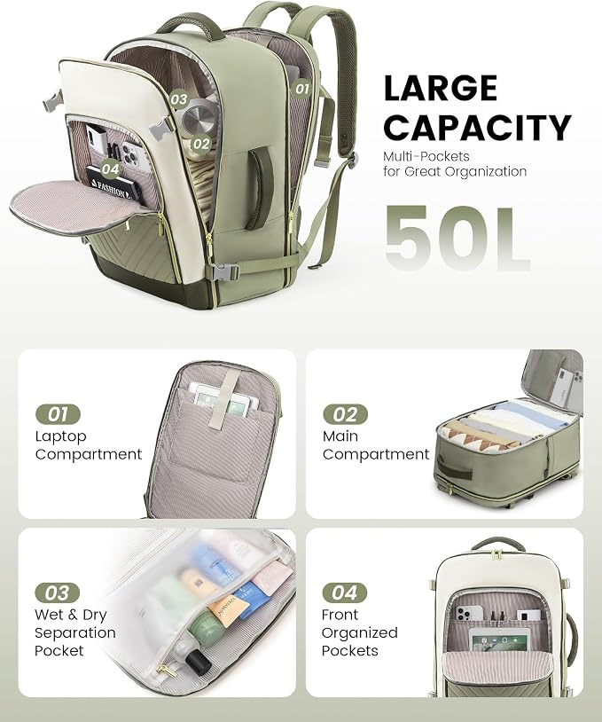 LOVEVOOK Large Travel Backpack for Women, TSA Carry on Backpack for Airplanes, 50L Personal Item Travel Bag for Women fits 17" Laptop,Waterproof Carry on Bag Airplane Approved with 3 Packing Cubes - Image 2