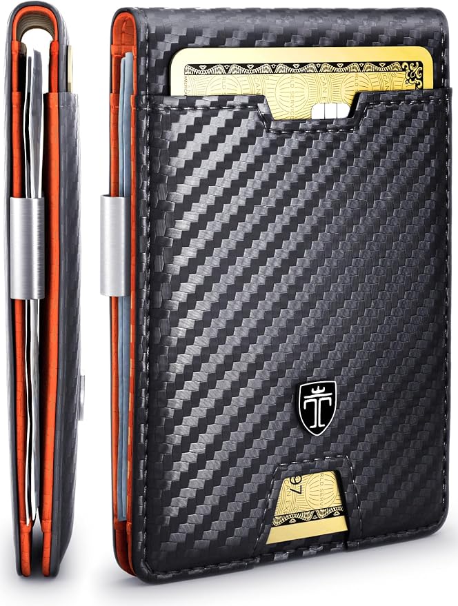 TRAVANDO Money Clip Wallet - RFID Protected Bifold Wallet for Men for 11 Cards - including Gift Box (Carbon & Orange) by TRAVANDOWallets
