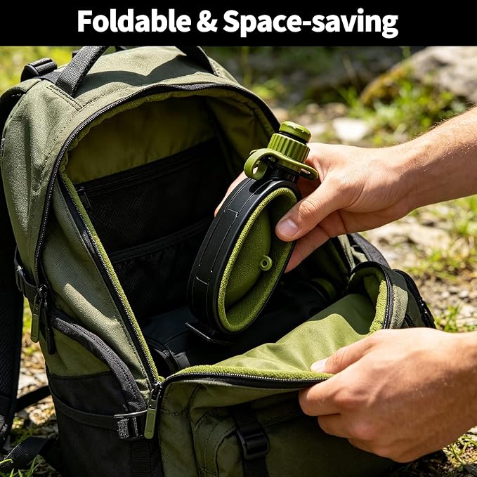 Premium Collapsible Water Bottle for Travel - 580ML Foldable & Portable with Compass/Hook, Food Grade Material - Ideal for Hiking, Camping (Army Green) - Image 3