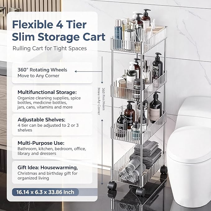 Sooyee Slim Rolling Storage Cart, 4 Tier, Clear | Bathroom Rolling Utility Cart Storage Organizer, for Office Bathroom Kitchen Laundry Room Narrow Places - Image 2
