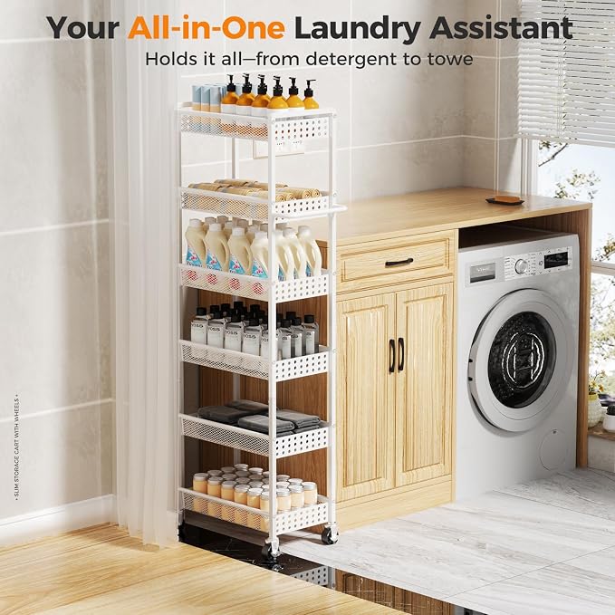 6 Tier Slim Storage Cart with Wheels, 10" D Rolling Storage Cart for Small Space, Metal Narrow Spice Cabinet Mobile Shelving Unit Organizer with Handle for Kitchen, Laundry - White - Image 8