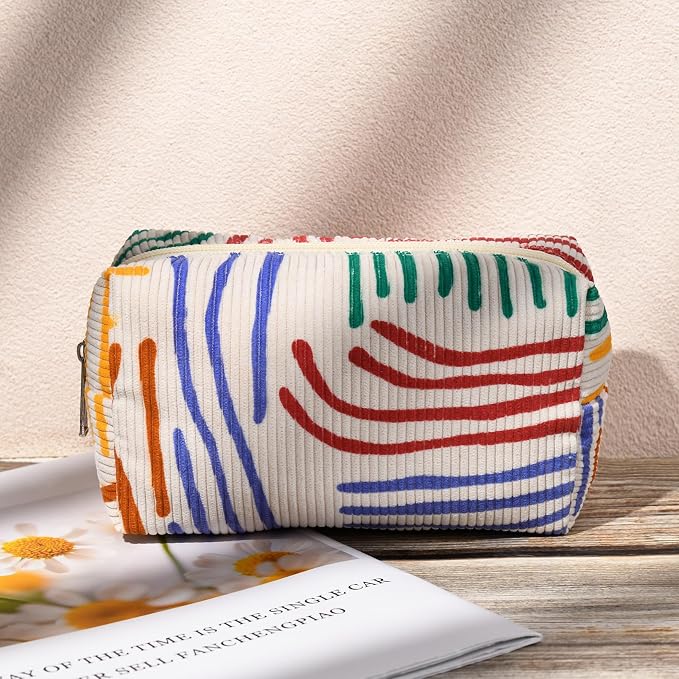 SOIDRAM 2 Pieces Stripes Makeup Bag Large Corduroy Cosmetic Bag Capacity Canvas Mix Travel Toiletry Bag Organizer Cute Makeup Brushes Aesthetic Accessories Storage Bag for Women, Stripes Mix Colorful - Image 8