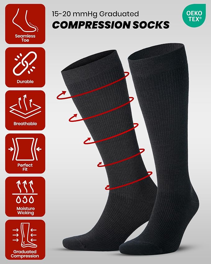 GoWith Unisex Black Merino Wool Graduated Compression Socks, 15-20 mmHg Thermal Travel Knee High Socks for Men & Women - Image 3