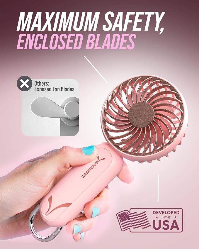 SABRENT ChillyPop Mini Rechargeable Personal Fan, USB-C, Pink | Lightweight quiet cooling; rechargeable USB-C; pocket-sized; travel & makeup fan; pink - Image 6
