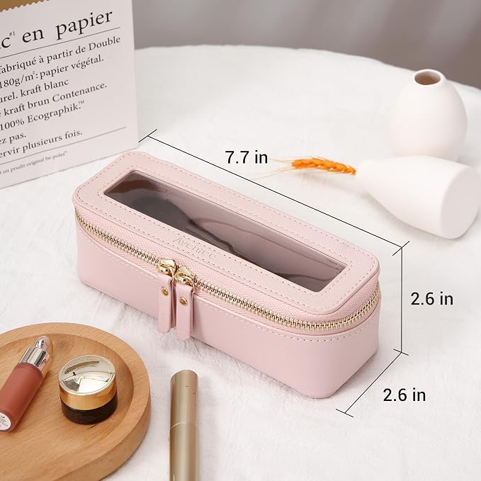 Aveniee Clear Makeup Brush Bag, Slim Cosmetic Brush Holder, small Toiletry Bag Mini Travel Case for Women, Thin Make up Bags with Dual Zipper, Cute Travel Essentials Organizer,Pink - Image 3