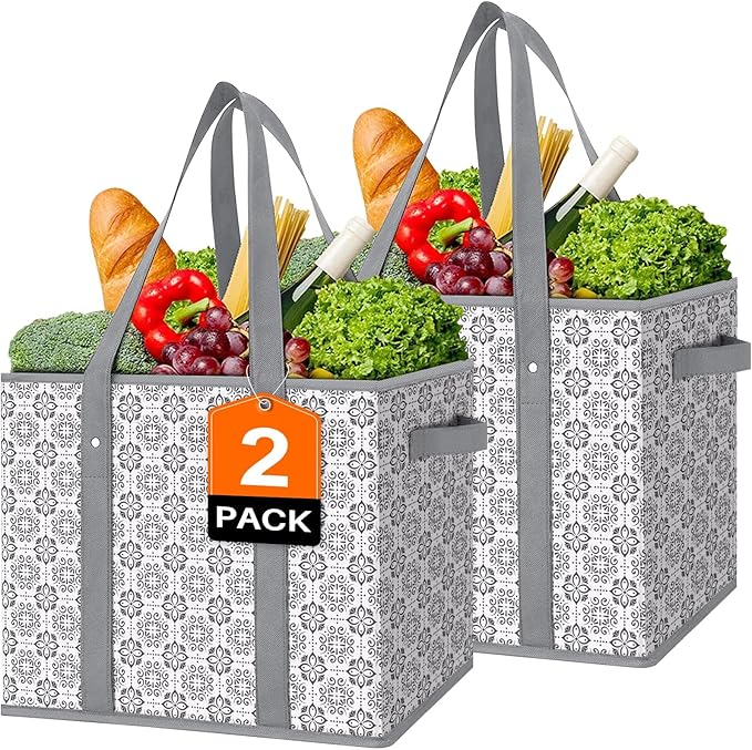 Reusable Grocery Bags 2 Pack, Foldable & Water Resistant Shopping Bags | Large Grocery Tote Bag Water Resistant Shopping Bags Foldable Grocery Bag for Clothes,Shoes and Picnic by WiseLife