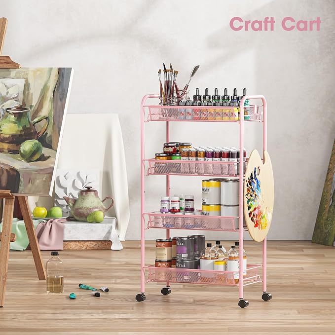 TOOLF 4 Tier Rolling Cart, Metal Utility Storage Cart with Wheels, Pink | 3 Hooks, Screwless Assembly, Trolley Organizer for Bathroom, Kitchen, Office, Nursery, Dorm, Laundry Room - Image 9