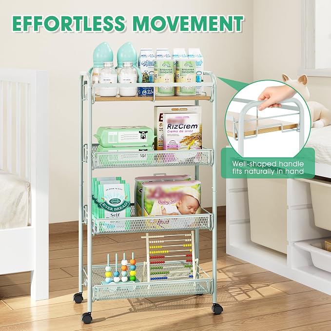 TOOLF 4-Tier Rolling Cart, Metal Utility Cart, Slide Out Storage Cart with Wooden Tabletop and Mesh Baskets for Narrow Space on Kitchen Bathroom Laundry Room Bedroom Apartments Dormitory (Green, Wide) - Image 4