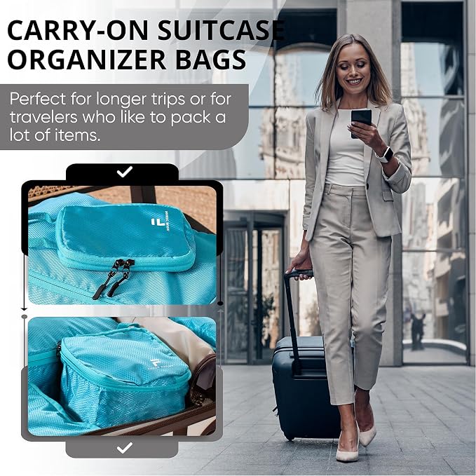 8 Piece Compression Packing Cubes Set - Double Capacity Design for Travel - Small, Medium & Large Sizes - Carry-On Suitcase Organizer Bags (Turquoise) - Image 4