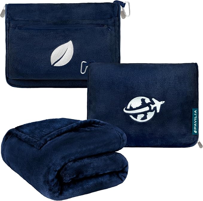 PAVILIA Travel Blanket and Pillow, Arms Opening Airplane Blankets for Adults, Compact Plane Blanket with Arm Hole 2-in-1 Bag for Flight Car Camping Fit in Luggage Backpack Traveler Gift, Navy Blue by PAVILIA