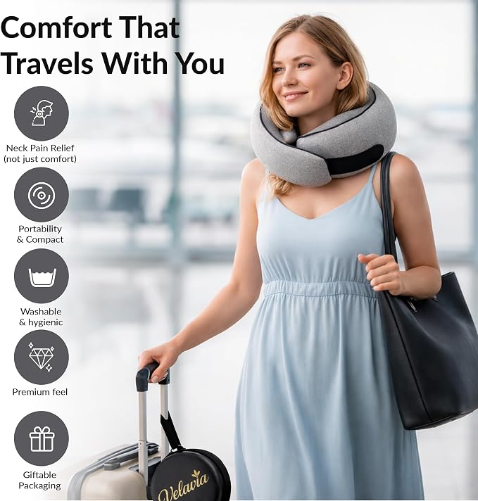 Travel Neck Pillow,Ergonomic 360° Memory Foam Support for Head, Neck. Adjustable for Long Flights. Soft &Washable Cover, EVA Box, 3D Eye Mask, Earplugs, Hair Tie & Luxury Bag (Grey) - Image 2