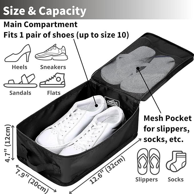 tianzong Travel Shoe Bag with Handle Holds 2 Pairs of Shoes, Shoe Packing Cubes for Travel (Black, 2 Pack) - Image 3