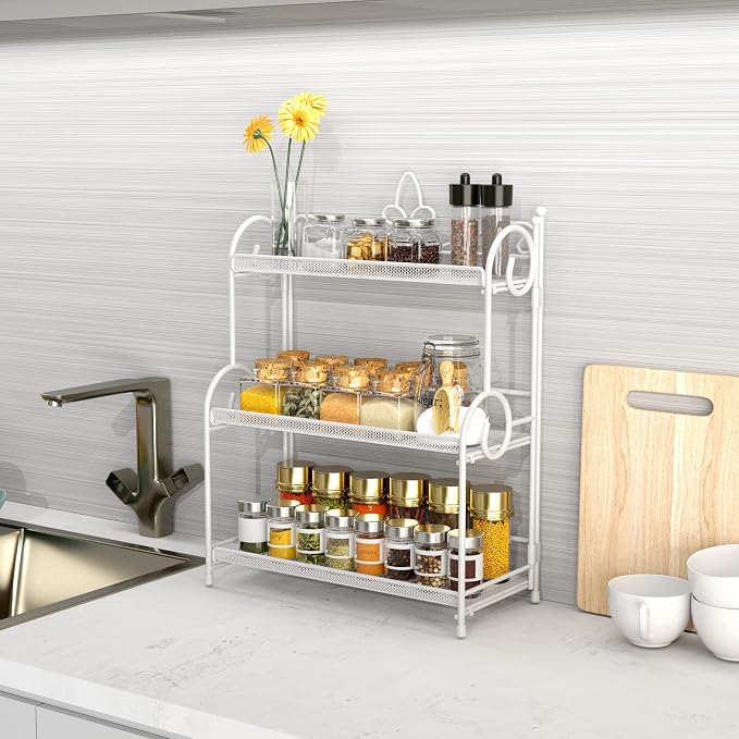 YIUKEA Bathroom Counter Organizer - Spice Rack Countertop 3 Tier Counter Shelf Organizer for Bathroom Kitchen Bedroom Foldable White - Image 2