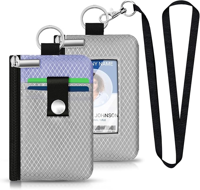 Minimalist RFID Blocking Small Wallet with ID Window,WaterResistant Zip Id Case Wallet with Lanyard Keychain for Cards,Cash,Travel,Women,Men (Light Gray/Lavender Purple) - Image 6