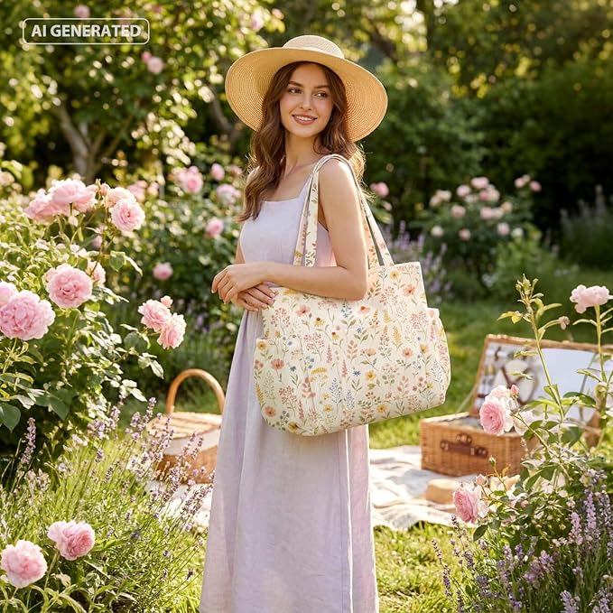 Corduroy Tote Bag for Women,Large Capacity Cute Tote Bags With 6 Pockets,Crossbody Shoulder Handbag for Work Travel Gym - Image 3