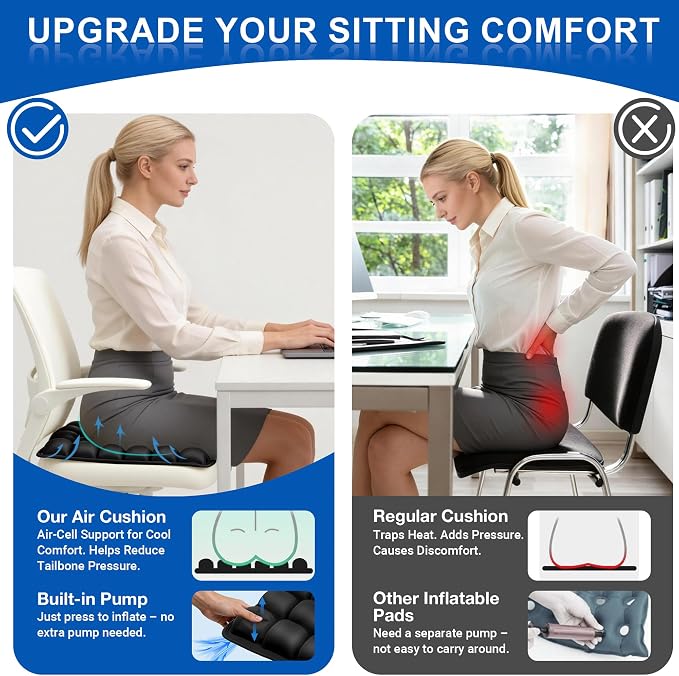 Airplane Seat Cushion, Inflatable Travel Cushion for Long Flights, Air-Cell Portable Seat Pad with Built-in Pump for Travel Car Office Wheelchair - Image 5
