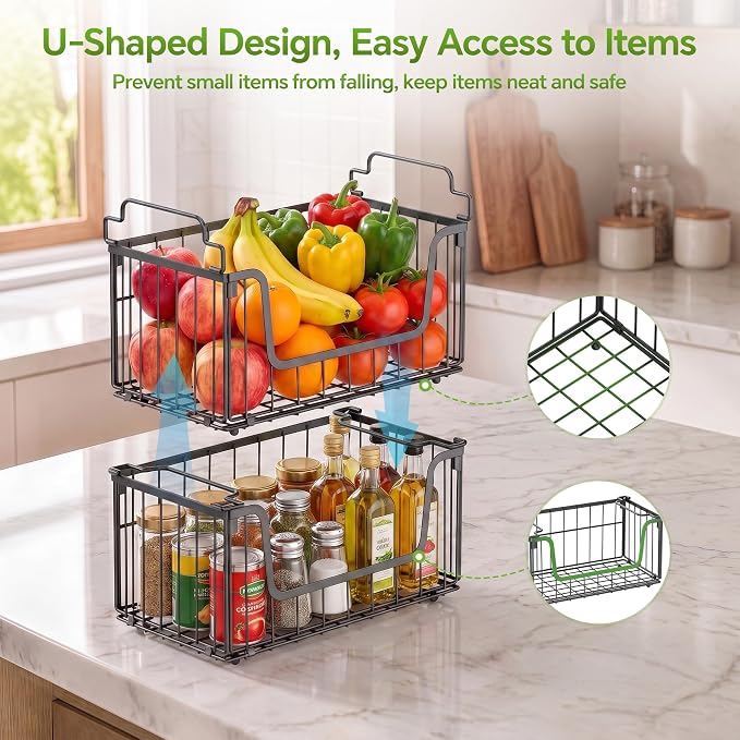 4 Pack Foldable Wire Basket for Pantry Organizers and Storage | Stackable Vegetable Fruit Basket for Kitchen Counter, Black Potato and Onion Storage Bins - Image 4