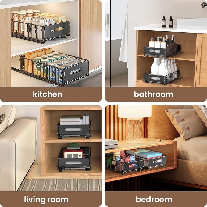 4 Pack Pull Out Cabinet Organizer, Heavy Duty Slide Out Drawer with No Drill Adhesive or Screw Mount, Carbon Steel Roll Out Shelf for Kitchen Cabinet, Pantry & Bathroom Storage - Image 7