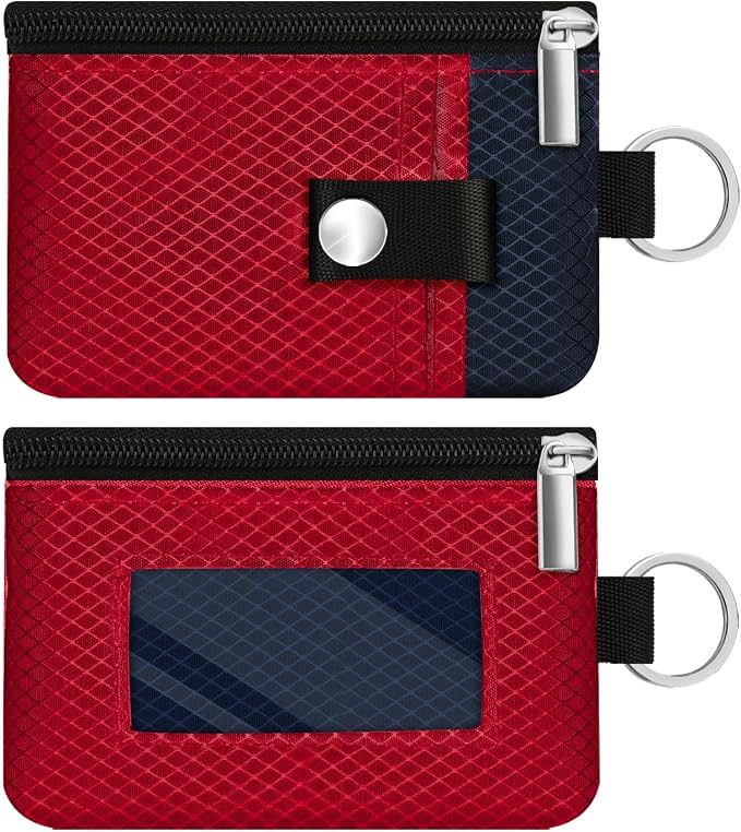 Minimalist RFID Blocking Small Wallet with ID Window,WaterResistant Zip Id Case Wallet with Lanyard Keychain for Cards,Cash,Travel,Women,Men (Red/Dark blue) - Image 3