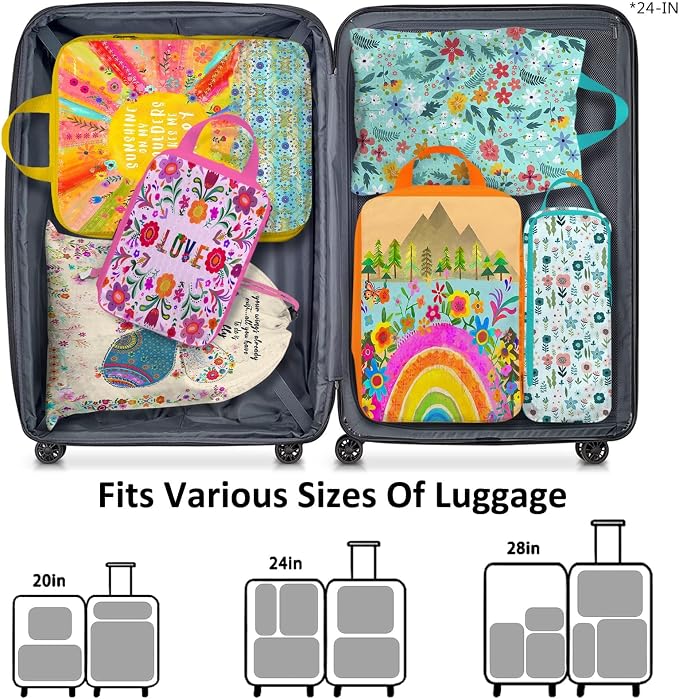 6 Set Packing Cubes Compression Bags for Travel, Floral Packing Organizers for Luggage with Shoe Bags for Packing In Suitcase, Colorful Compression Bags for Storage Trip and Family Vacation - Image 6