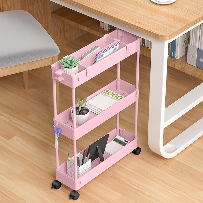 2-piece Set Slim Storage Cart 3 Tier,Bathroom Organizer Rolling Utility,Mobile Shelving Unit Slide Out for Office, Kitchen, Laundry Room & Narrow Places - Image 7