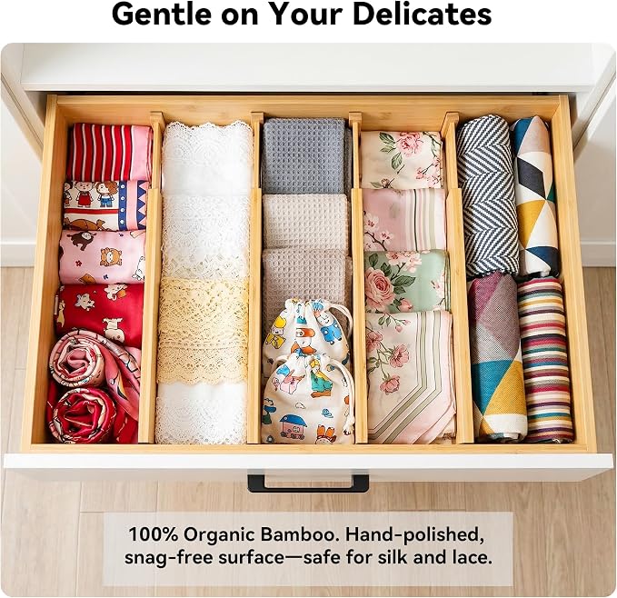 4 Pack 6" Deep Bamboo Drawer Dividers, 17-22" Expandable Kitchen Organizers | Adjustable Spring-Loaded Tension Separators with Foam Pad for Clothes, Utensils, Kitchen, Dresser, Nursery & Bathroom - Image 6