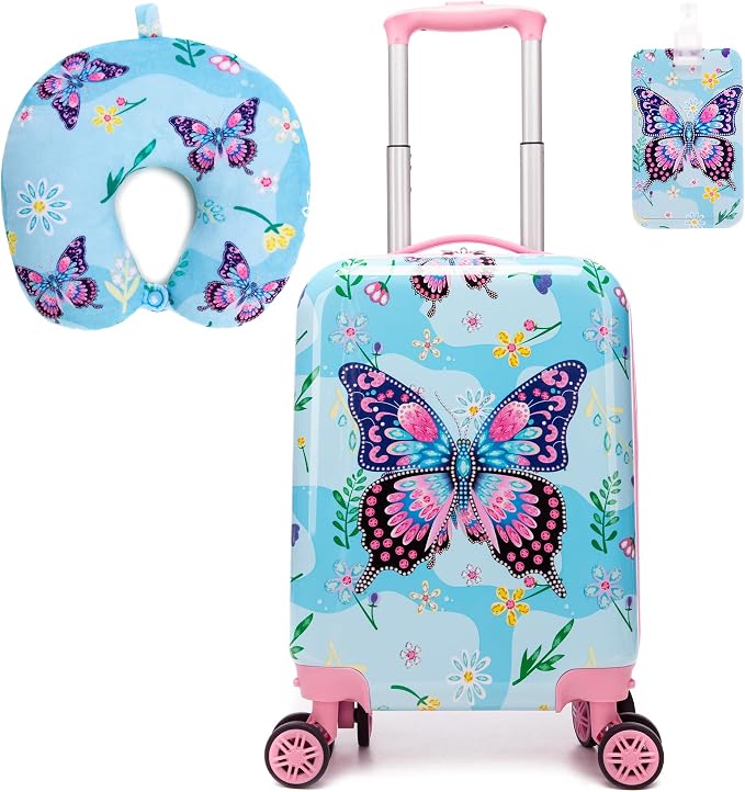 Kids Luggage Sets 2 Piece Rolling Suitcases with Wheels for Girls Hardshell Toddler Suitcase Set with Neck Pillow Airplane 16 Inch Kids' Carry on Luggage Blue Butterfly by Unknown