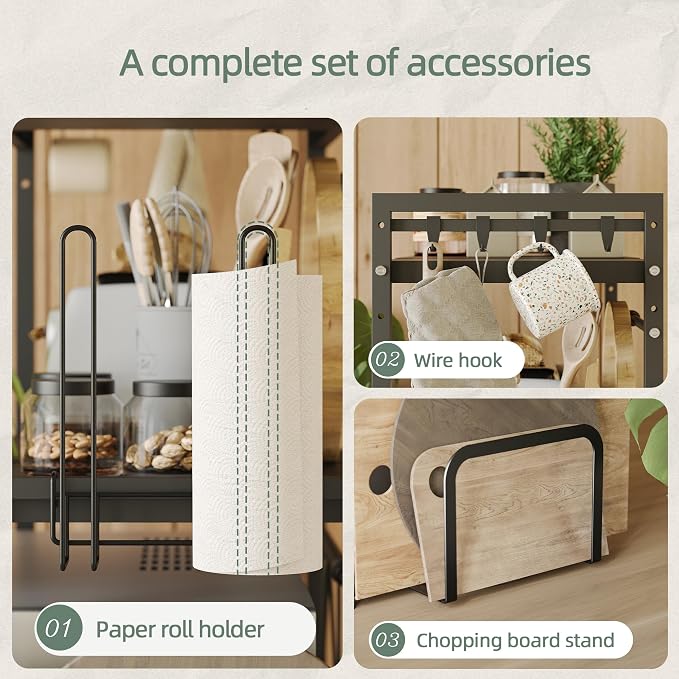 3 Tier Expandable Microwave Stand countertop,Microwave Oven Rack | microwave shelf with Paper Towel and Chopping Board Holder, storage shelf for appliances,55 Lbs load Per Tier,Black - Image 6