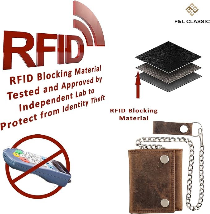 F&L CLASSIC RFID Blocking Men's Tri-fold Vintage Biker Cowhide Leather Steel Chain Wallet,Snap closure, USA,Vintage buffalo brown,315 - Image 7