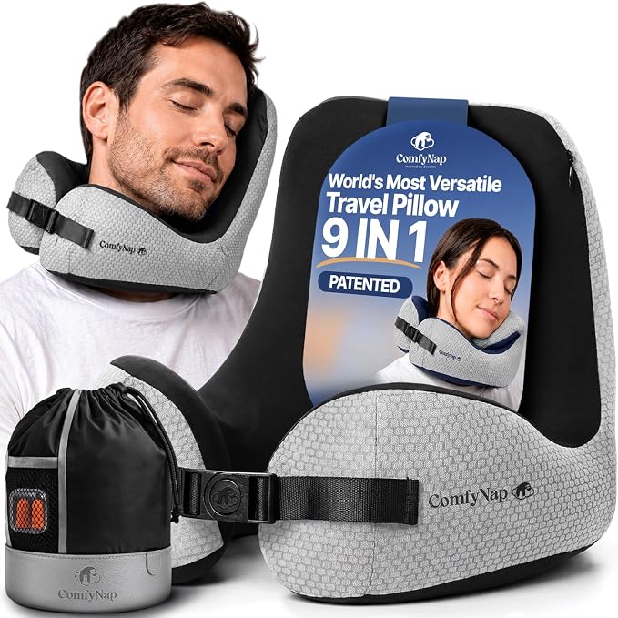 ComfyNap® Versatile Travel Neck Pillow for Airplane [Patented], 9 Positions in 3 Techniques, Plane Pillow with Pure Memory Foam, Travel Pillow with HeadRest Flight Sleep, Travel Essential - Moon by InspiredbyDreams