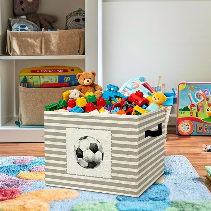 Rustic Soccer Ball Storage Bins Boxes Handles | grey striped nursery foldable basket for organizing bedroom toddler playroom - Image 2