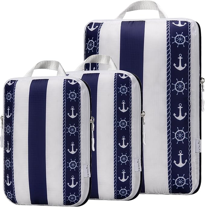 Space Saving Compression Packing Cubes for Kids & Women, Organizer Bags for Kids & Adults, Diaper Bag Organizer Set, Packing Cubes for Travel 3pc Set - Cabana Stripe Navy by Unknown
