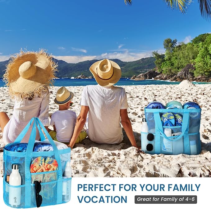 Tavaleu Mesh Beach Bag, Large Capacity Beach Tote, Multi Pockets, Sandproof | Mesh Material, Multiple Storage Pockets, Lightweight & Foldable Design, For Beach & Pool Use, Easy to Clean & Quick Dry - Image 6