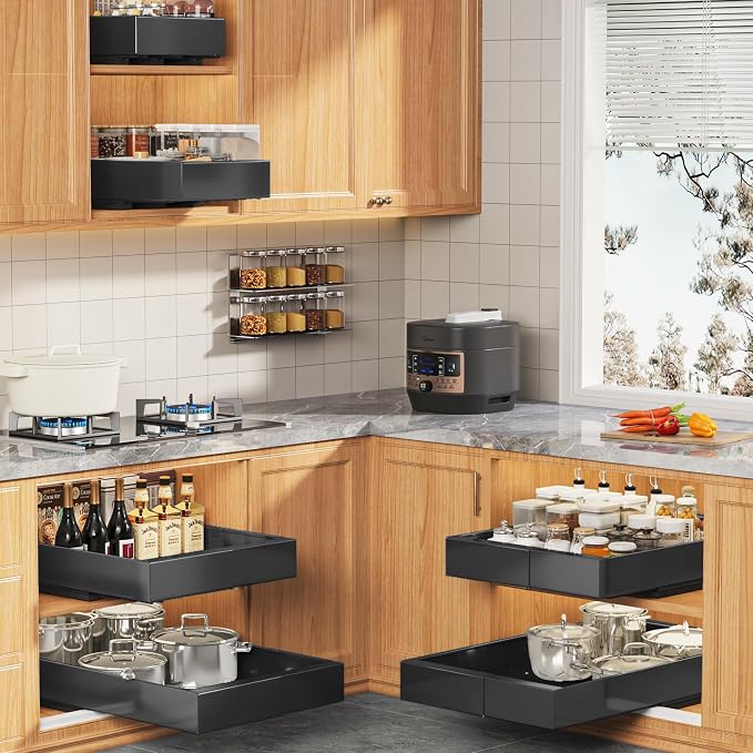 Seinloes 4 Pack Expandable Pull Out Cabinet Organizer 21" Deep with Raising Pad for Framed Cabinets,Upgrade 3 Slide Rails Slide Out Drawers,Roll Out Shelves Adhesive,Adjustable Width 9"-14.1" Black - Image 6