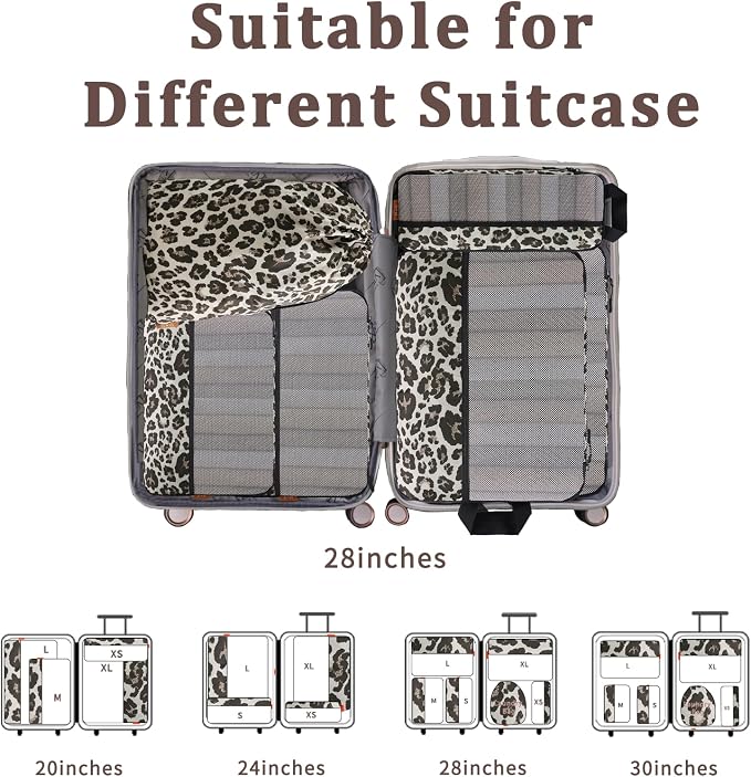 U+U 6 Set Compression Packing Cubes, Travel Organizers (Leopard) | Space-Saving & Drawstring Bag Included - Image 7