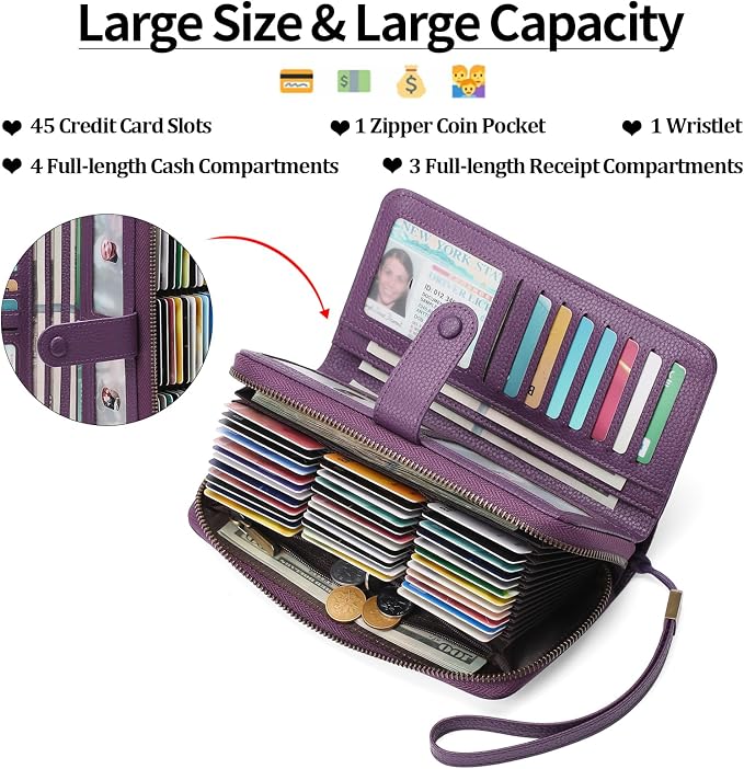 GAEKEAO Leather Credit Card Holder Wallet for Women RFID Blocking Large Capacity Bifold Zipper Card Case Organizer with Wristlet 45 Slots - Image 2