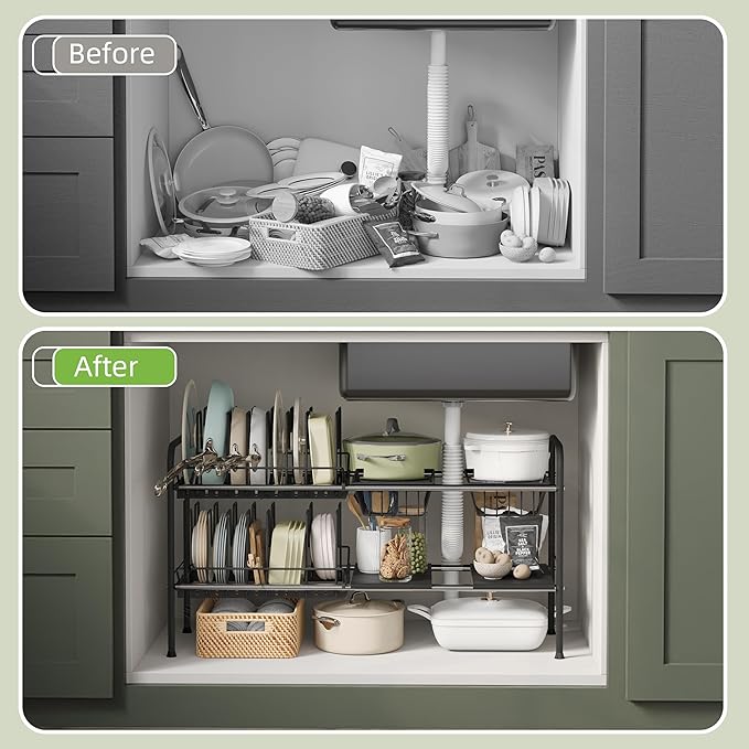 Expandable Under Sink Organizer，Pot and pan Organizer Under Cabinet | Pan Lid Organizer,Expandable Storage shelf with 2 Pan Racks（14 Dividers）and 4 Removable Panels,Adjustable partition height - Image 5
