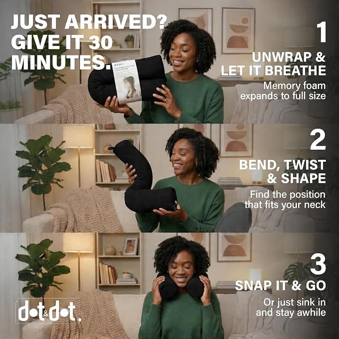 Dot&Dot Twist Memory Foam Travel Pillow, Bendable Neck Pillow for Airplane, Car and Home, 26-Inch Adjustable Roll with Washable Cotton Cover, Black - Image 5