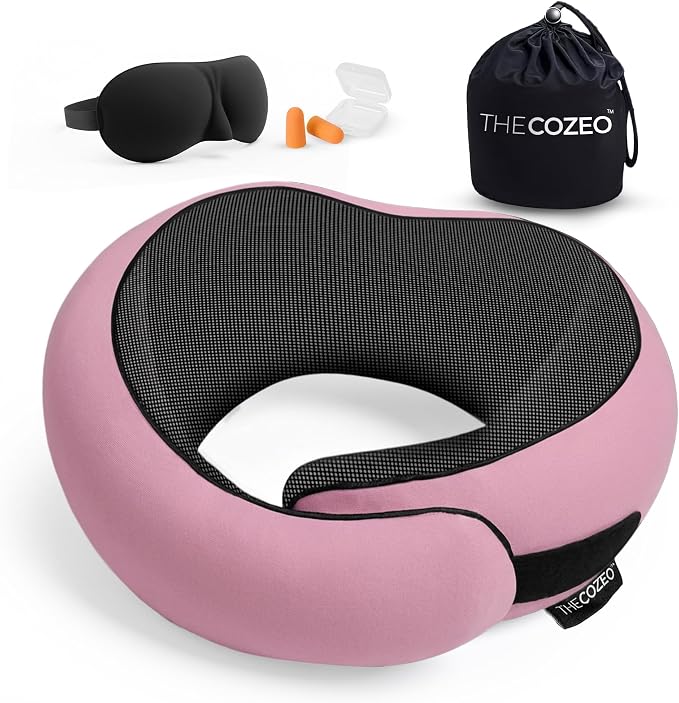 The Cozeo™ Travel Neck Pillow, 100% Pure Memory Foam Airplane Neck Pillow with Eye Mask & Earplug, Ideal for Long Flight, Car Road Trip Essentials & Sleeping | Suitable for Adults & Kids - Pink by THECOZEO%E2%84%A2