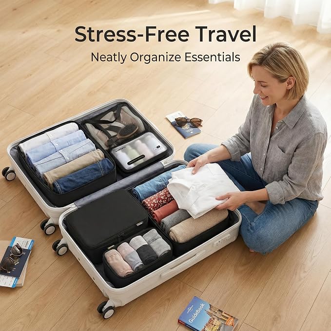 6 Set Compression Packing Cubes for 7–14 Day Travel, Jet Black | Nylon Oxford Fabric, Full Breathable Mesh, Reinforced Double-Zipper, Small to Large Size Bag, Expandable Packing System - Image 5