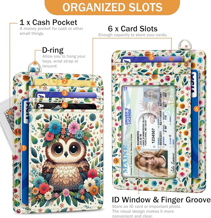 Yonlevres Owl Credit Card Holder Slim RFID Wallet Women Wristlet Lanyard | Front Pocket, Handy, RFID Blocking, Woman Girls Ladies Gifts, D-ring for Keychain,Thin Mini Card Case, ID Window, PU Leather - Image 4