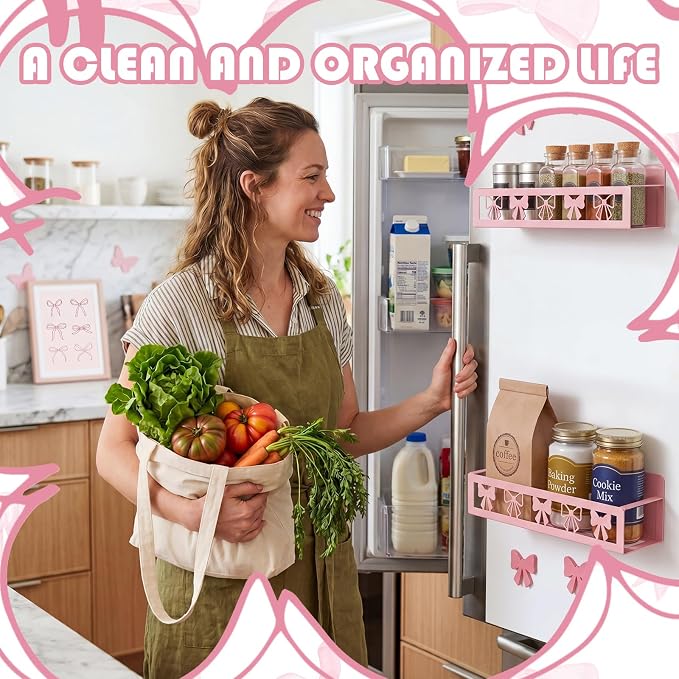 Beeveer 2 Pcs Magnetic Spice Rack for Refrigerator, Pink Bow | Magnetic, No Drilling, Pink Bow Kitchen Decor, Pink Home Accessories, 2 Sizes Metal Storage Shelf for Fridge Spices - Image 4