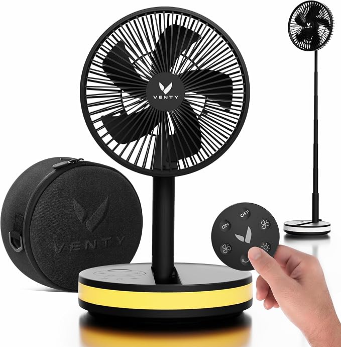 VENTY Portable Fan - Wireless Battery Operated Fan - 4 Speeds - LED Lighting - Carry Case & Remote Control - Cruise Travel - Outdoor Travel RV Power Bank With USB-C Port (Black with Case) by VentyFan
