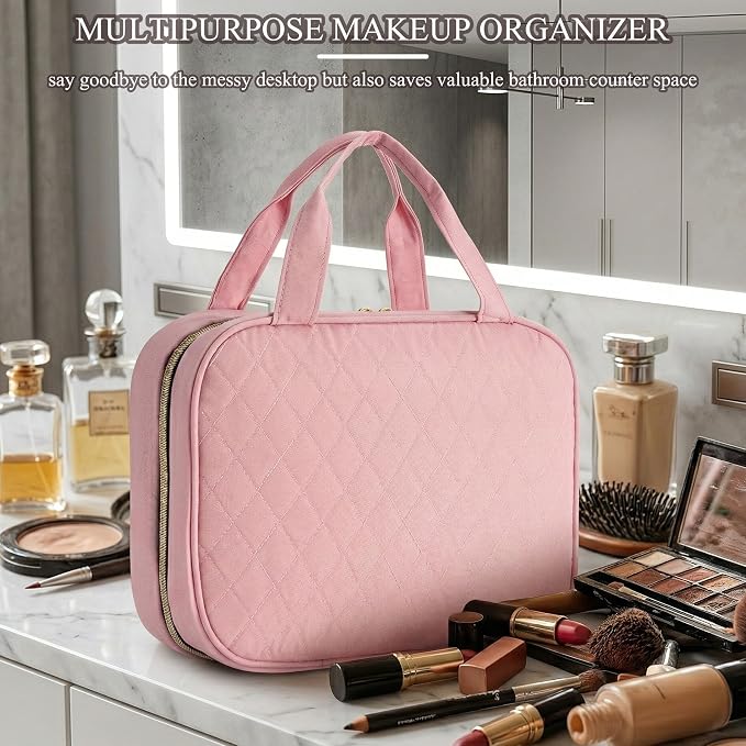 Travel Toiletry Bag for Women, Large Hanging Makeup Cosmetic Bag, Pink | Big Compartment but Portable, Water-resistant Makeup Organizer Bags for Accessories, Shampoo, Full-size Container, Toiletries - Image 2