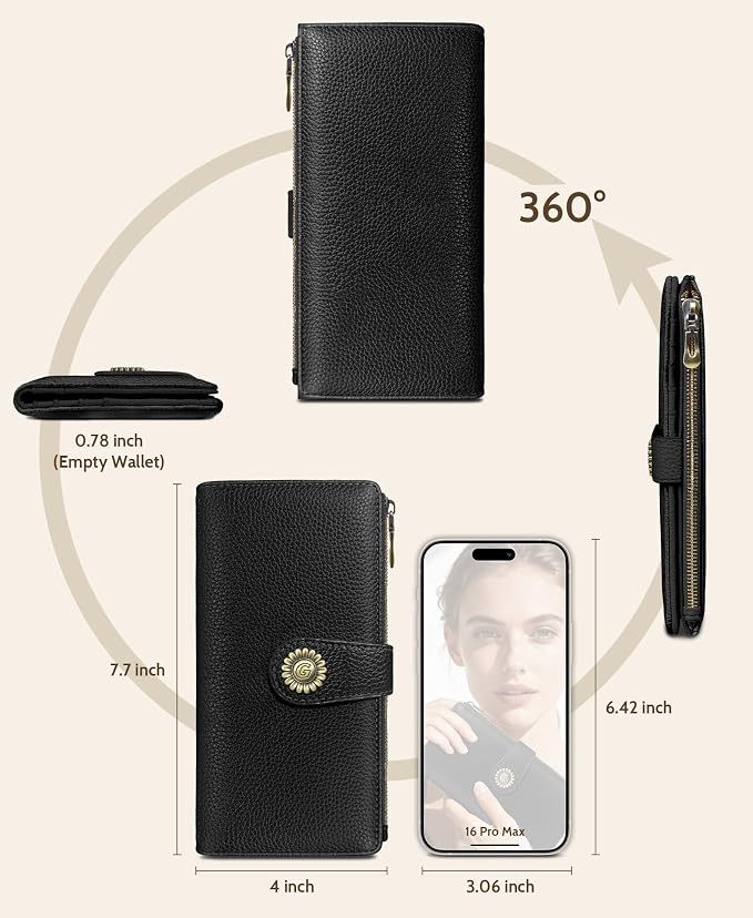 GIANCOMICS Black Womens Wallet RFID Blocking Long Credit Card Holder Bifold | Billfold, Cute Cash Purse, Travel Zipper Coin Pocket, Compact Clutch, PU Leather, ID Window, 11 Card Slots, Ladies Gift Woman - Image 5