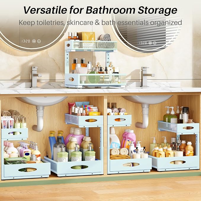 Under Sink Organizer, 1-Pack Pull Out Cabinet Organizer 2 Tier Metal Slide Out Storage Shelf Rack, L-Shaped Adjustable Height,Mesh Sliding Drawer for Kitchen, Bathroom, Laundry, Pantry, Blue, XL - Image 8