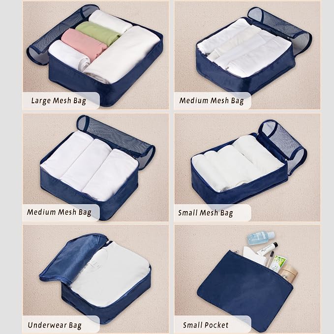 Vercord 7 Set Travel Packing Organizers Cubes Luggage Suitcase Organizer Bags Clothes Underwear Cube Shoe Pouch Pack Dark Blue - Image 3