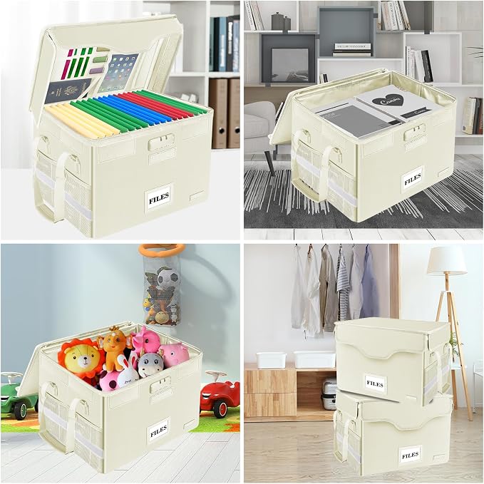 DocSafe Fireproof Document Box with Lock,File Storage Organizer with Zipper Pockets,Collapsible Portable File Box Home Office Safe Filing Cabinet with Handle for Hanging Letter/Legal Folders,Beige - Image 2