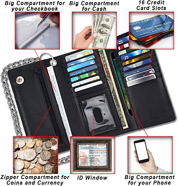 F&L CLASSIC RFID Blocking Mens Tri-fold Long Style Cowhide Leather Steel Chain Wallet,Black - Image 3