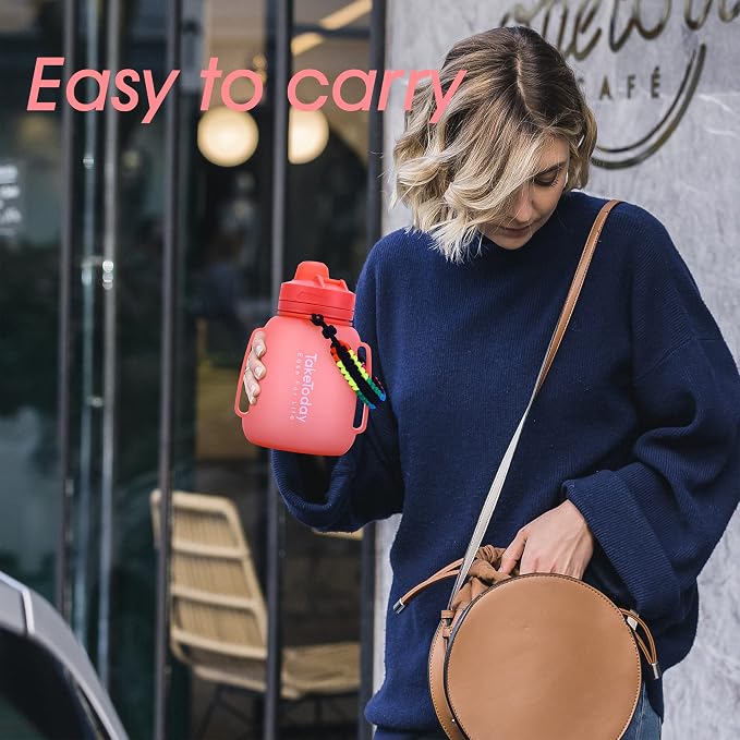 TakeToday Collapsible Water Bottles for Outdoor, 40oz, Pink | Time Marker, BPA-Free Silicone, Folds for Travel, Paracord Handle for Hiking, Gym, Camping, Leakproof - Image 9